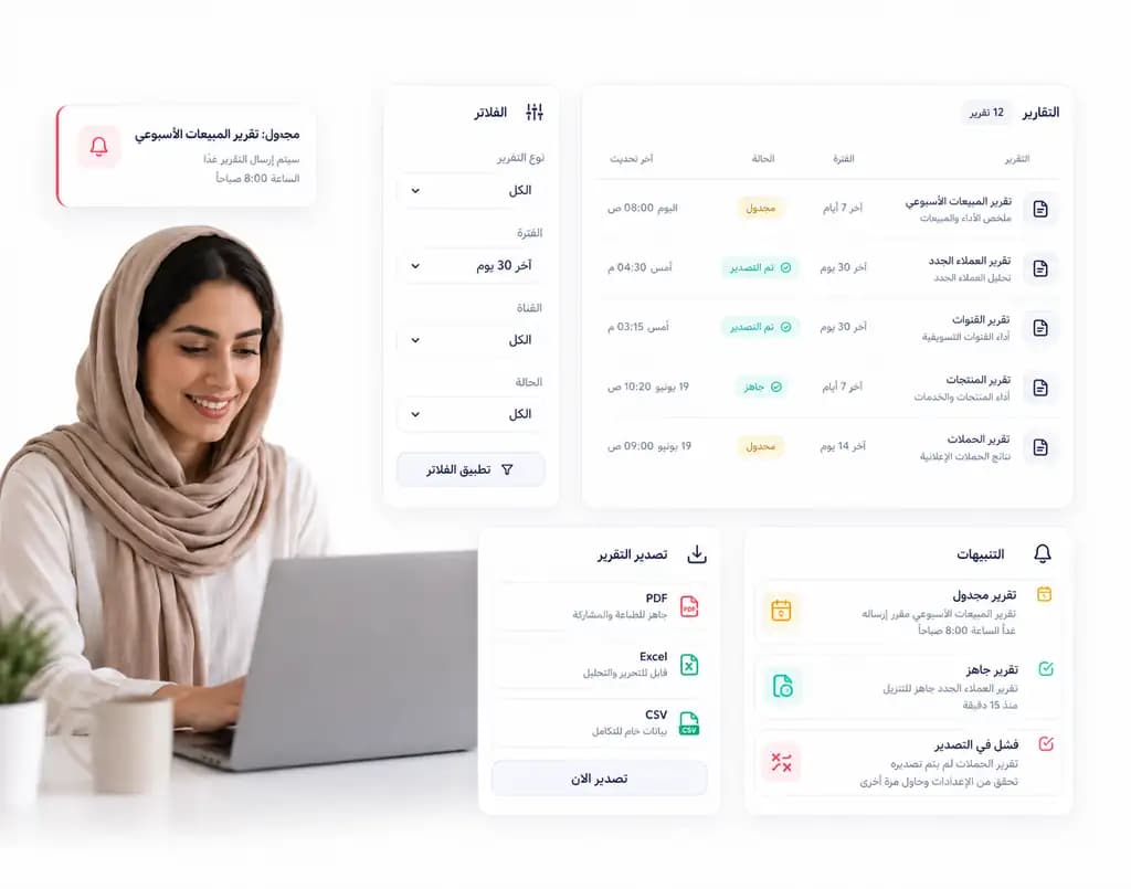واجهة تقارير Taly تعرض تقارير مجدولة وجاهزة للتصدير مع فلاتر وتنبيهات