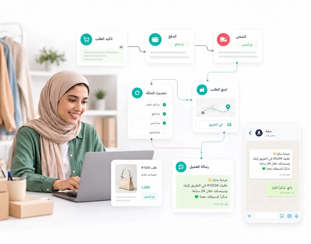 تدفق متابعة الطلب يعرض تأكيد الطلب والدفع والشحن ورسالة للعميل على واتساب