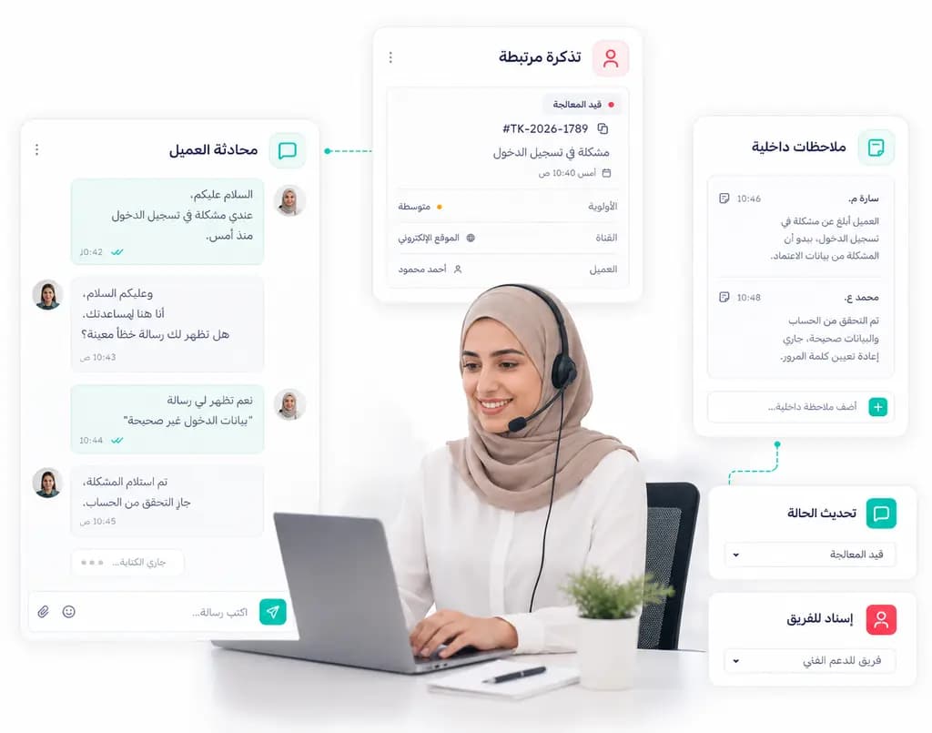 محادثة عميل مع تذكرة مرتبطة وملاحظات داخلية وتحديث حالة وإسناد للفريق