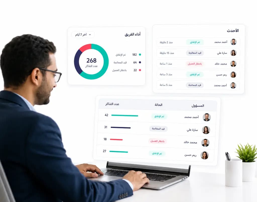 تقارير أداء الفريق تعرض عدد التذاكر والحالات والمسؤولين عن المتابعة
