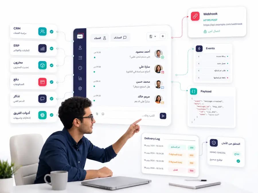 لوحة تكاملات Taly تعرض CRM وERP ومخزون ودفع وتذاكر وأدوات الفريق مع Webhook وEvents وPayload