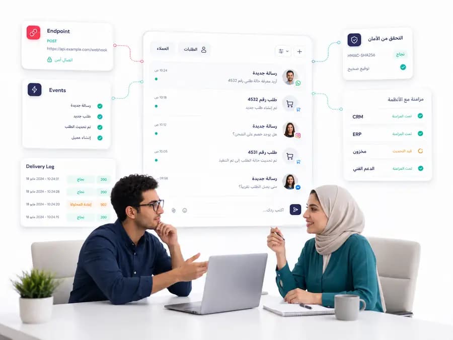 لوحة تكاملات تعرض endpoint وأحداث ورسائل وطلبات وسجل تسليم ومزامنة مع الأنظمة