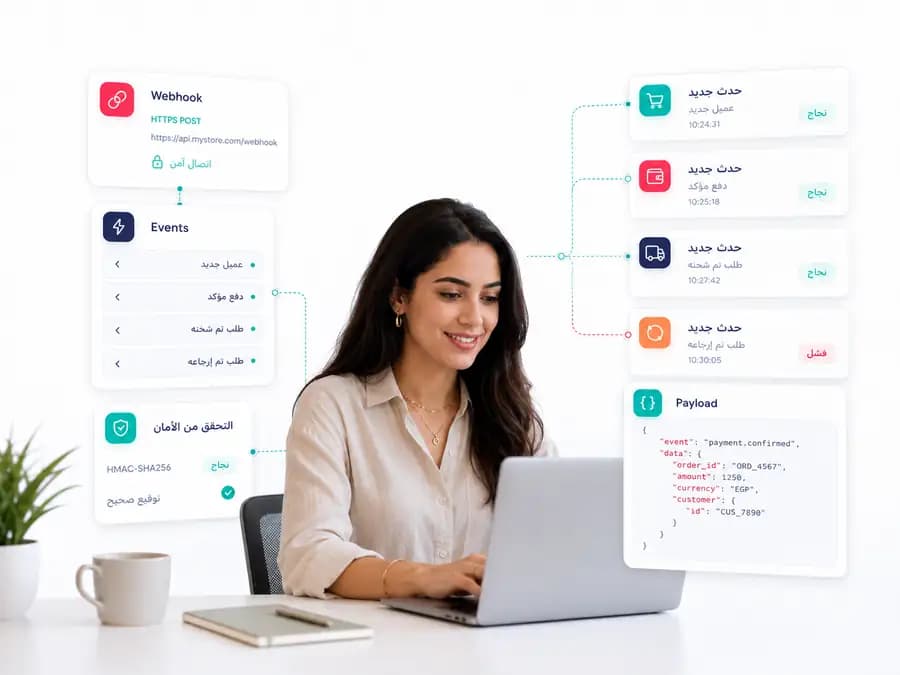 لوحة Webhook تعرض أحداث العملاء والدفع والشحن والإرجاع مع payload منظم وحالة نجاح أو فشل