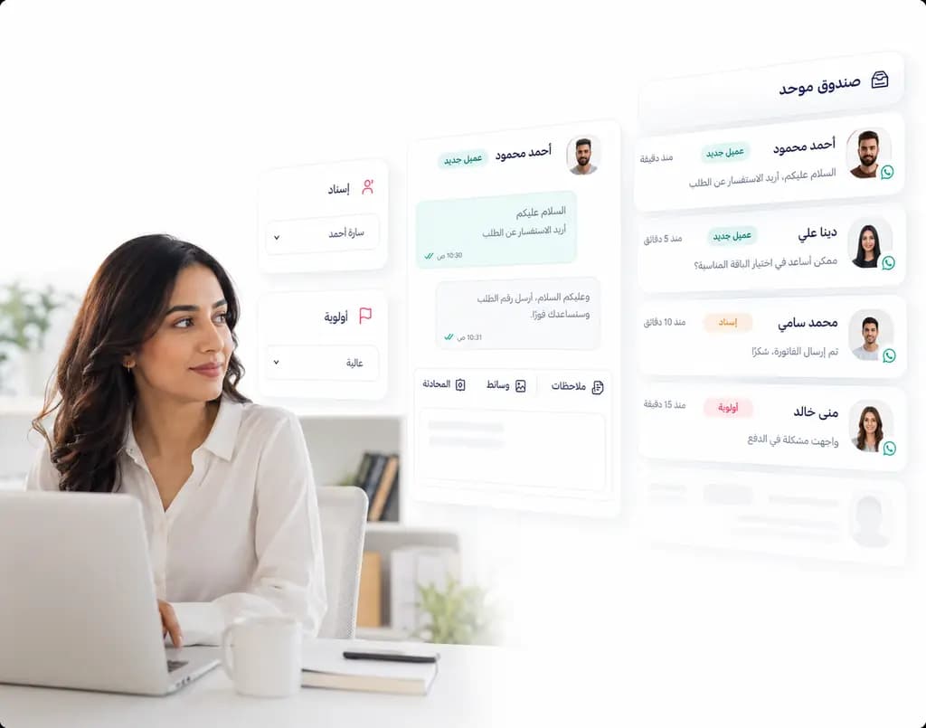 صندوق وارد موحد يعرض محادثات واتساب مع الإسناد والأولوية داخل Taly
